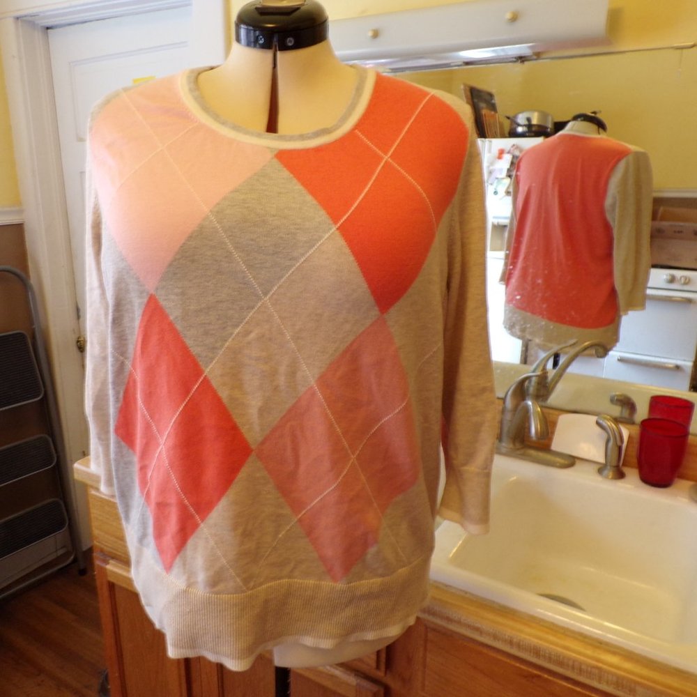 Lands' End cotton coral-pink-grey argyle sweater